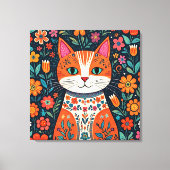 Whimsical Folk Art Cat und Blume Leinwanddruck (Vorderseite)