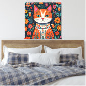 Whimsical Folk Art Cat und Blume Leinwanddruck (Insitu (Schlafzimmer))