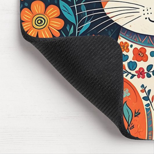 Whimsical Folk Art Cat und Blume Mousepad (Ecke)