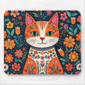 Whimsical Folk Art Cat und Blume Mousepad (Vorne)