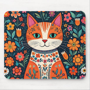 Whimsical Folk Art Cat und Blume Mousepad