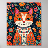 Whimsical Folk Art Cat und Blume Poster (Vorne)