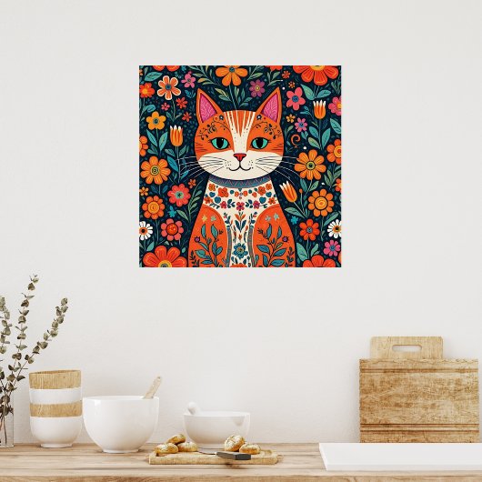 Whimsical Folk Art Cat und Blume Poster (Küche)