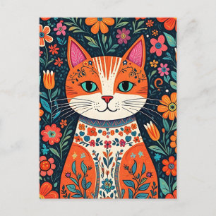 Whimsical Folk Art Cat und Blume Postkarte
