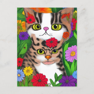 Whimsical Folk Art Cat und Blume Postkarte