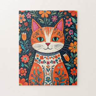 Whimsical Folk Art Cat und Blume Puzzle