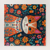 Whimsical Folk Art Cat und Blume Puzzle (Horizontal)