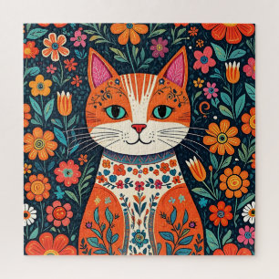 Whimsical Folk Art Cat und Blume Puzzle