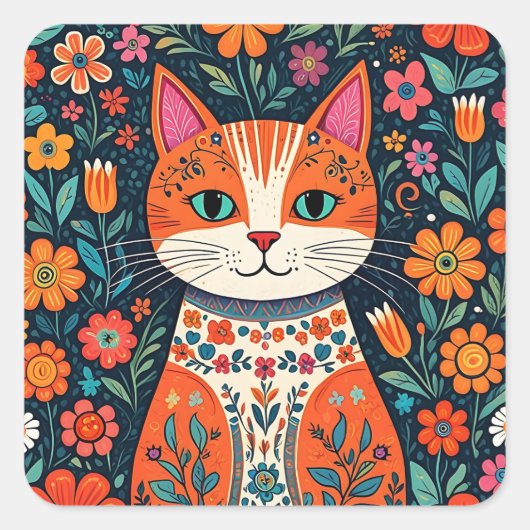 Whimsical Folk Art Cat und Blume Quadratischer Aufkleber (Vorderseite)