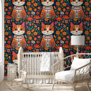 Whimsical Folk Art Cat und Blume Tapete