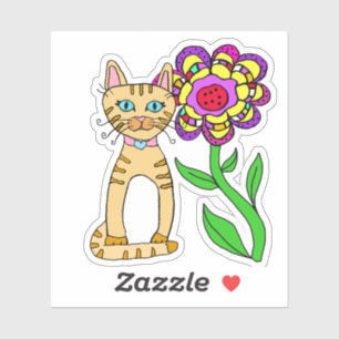 Whimsical Folk Art Cat und farbenfrohe Blume Aufkleber