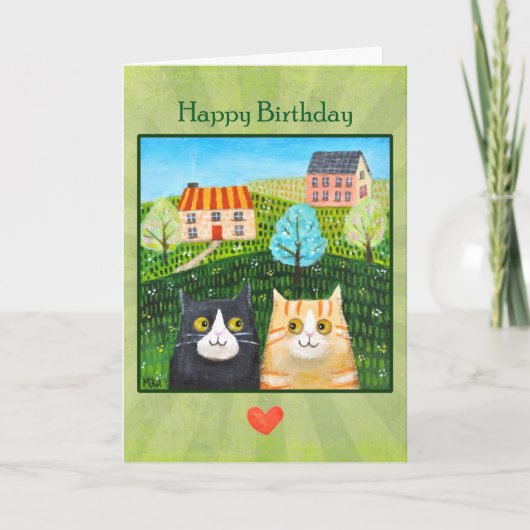 Whimsical Folk Art Cats Custom Message birthday  Karte (Vorderseite)