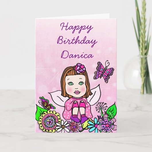 Whimsical Folk Art Fairy Girl Happy Birthday Karte (Vorderseite)
