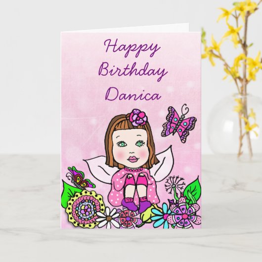 Whimsical Folk Art Fairy Girl Happy Birthday Karte (Gelbe Blume)