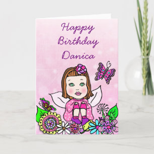 Whimsical Folk Art Fairy Girl Happy Birthday Karte