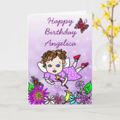 Whimsical Folk Art Fairy Girl Happy Birthday Karte (Gelbe Blume)