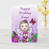 Whimsical Folk Art Fairy Girl Happy Birthday Karte (Gelbe Blume)