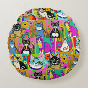 Whimsical Folk Art farbenfrohe Katzen Rundes Kissen