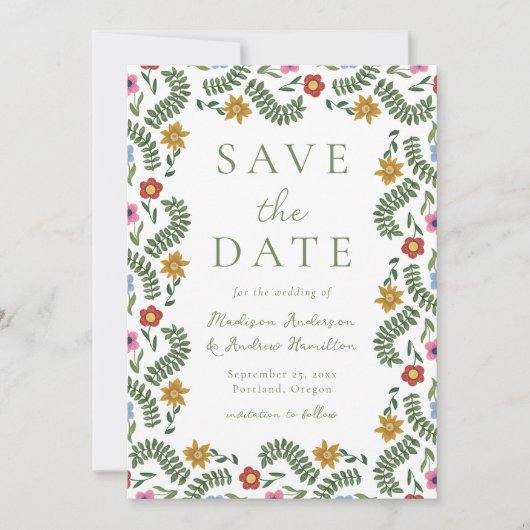 Whimsical Folk Art Floral Wedding Save The Date (Vorderseite)