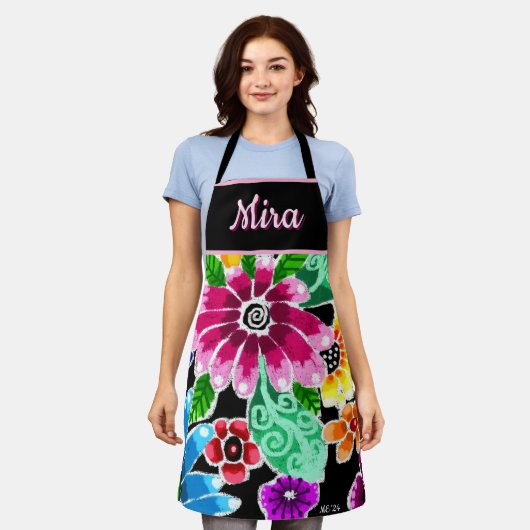 Whimsical Folk-Art Flowers Floral Personalized Schürze (Getragen)