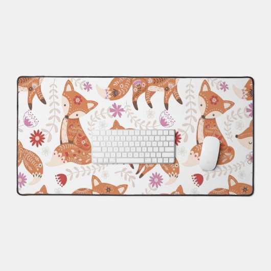 Whimsical Folk Art Fox and Flowers Schreibtischunterlage (Tastatur & Maus)