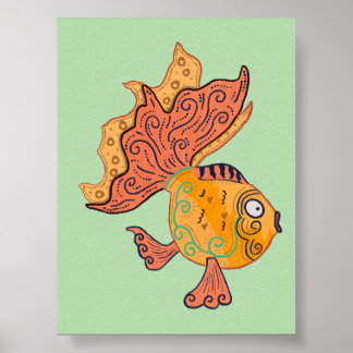 Whimsical Folk Art Goldfisch | Boho Wirbel Fantasi Poster