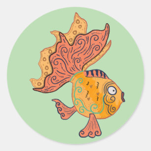 Whimsical Folk Art Goldfisch Boho Wirbel Fantasi Runder Aufkleber
