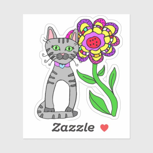 Whimsical Folk Art Graue Katze und farbenfrohe Blu Aufkleber (Blatt)