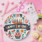 Whimsical Folk Art Happy Birthday Owl Blumen Pappteller (Party)