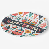 Whimsical Folk Art Happy Birthday Owl Blumen Pappteller (Schrägansicht)