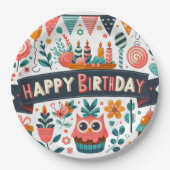 Whimsical Folk Art Happy Birthday Owl Blumen Pappteller (Vorderseite)
