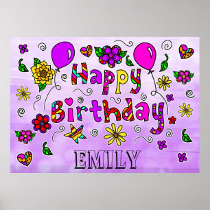 Whimsical Folk Art Happy Birthday Poster