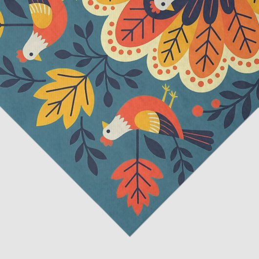 Whimsical Folk Art Herbst Vögel und Blätter Seidenpapier (Ausschnitt)