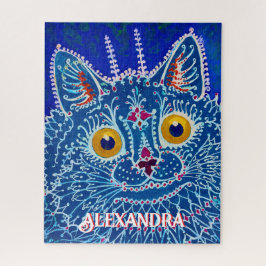 Whimsical Folk Art Painting Blue Cat Lover Name Puzzle