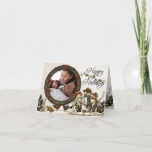 Whimsical Folk Art Snowmen Weihnachtsfotokarte Feiertagskarte