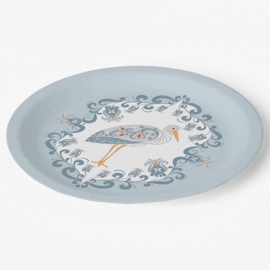 Whimsical Folk Art Storch | Babydusche Pappteller (Schrägansicht)