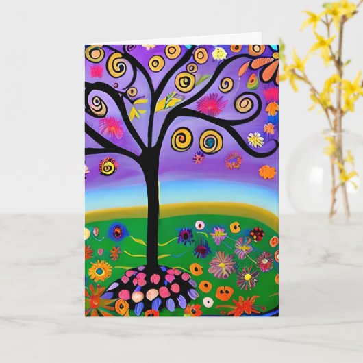Whimsical Folk Art Style Tree Blank Karte (Gelbe Blume)
