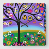 Whimsical Folk Art Style Tree Quadratische Wanduhr (Vorderseite)