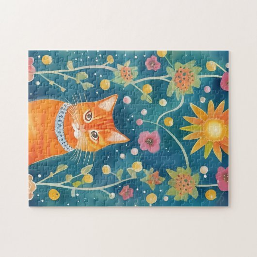 Whimsical Folk Art Tabby Cat Puzzle (Horizontal)