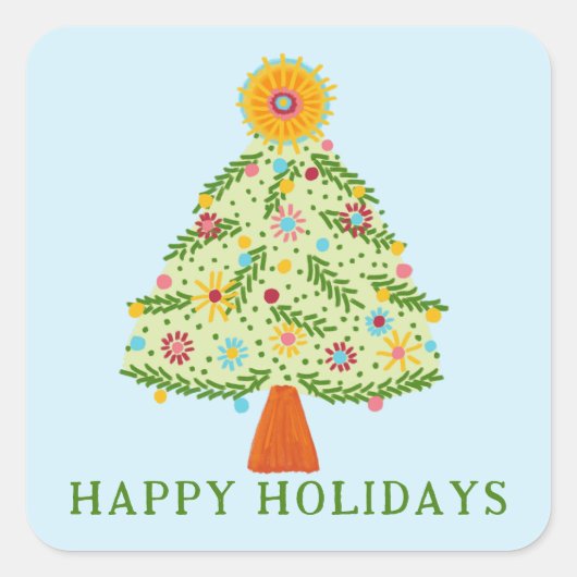 Whimsical Folk Weihnachtsbaum CUSTOM Geschenk Quadratischer Aufkleber (Vorderseite)