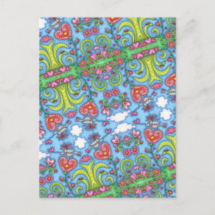 WHIMSICAL FOLKART BIRD, VALENTINE HERZ GARDEN FEIERTAGSPOSTKARTE