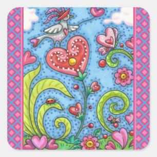 WHIMSICAL FOLKART BIRD, VALENTINE HERZ GARDEN QUADRATISCHER AUFKLEBER