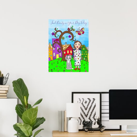 Whimsical Folkart, Lady and Cat in Village Poster (Heimbüro)