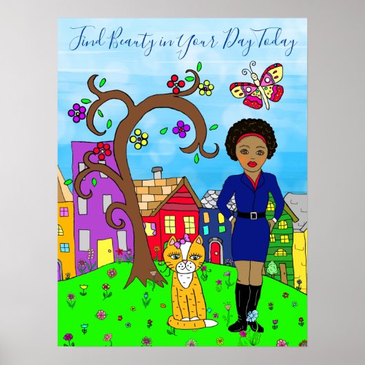 Whimsical Folkart, Lady and Cat in Village Poster (Vorne)