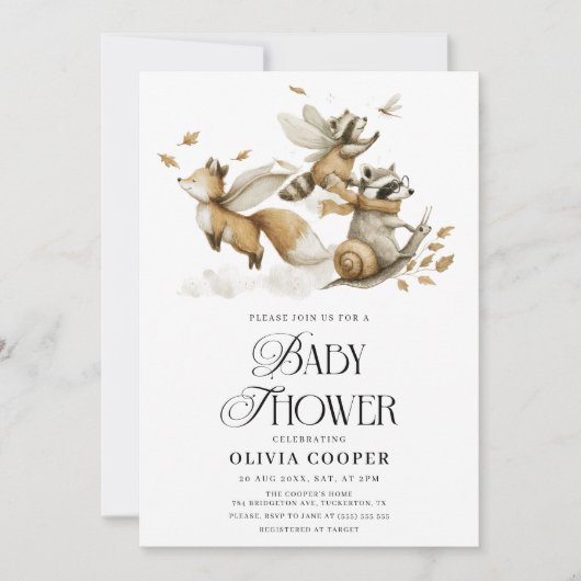 Whimsical Forest Animals Baby Dusche Einladung (Vorderseite)