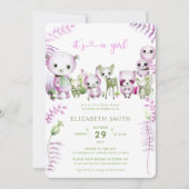 Whimsical Forest Bear Bunny Pink Girl Baby Dusche Einladung (Vorderseite)
