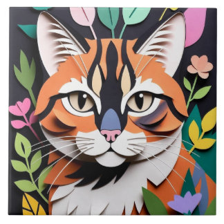 Whimsical Forest cat in Paper-Cut Art Fliese