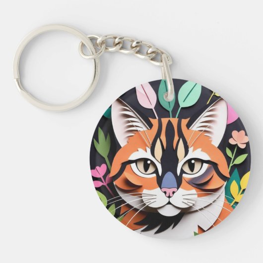 Whimsical Forest cat in Paper-Cut Art Schlüsselanhänger (Vorderseite)