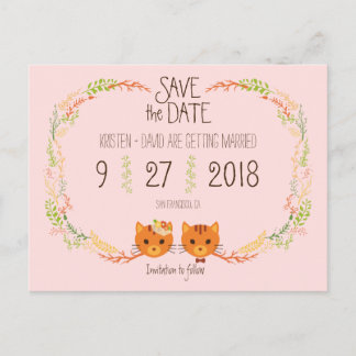 Whimsical Forest Cats Blush Wedding Save the Date Ankündigungspostkarte