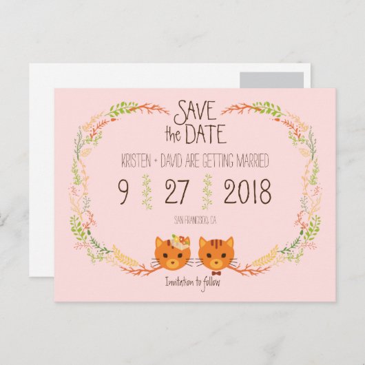 Whimsical Forest Cats Blush Wedding Save the Date Ankündigungspostkarte (Vorne/Hinten)